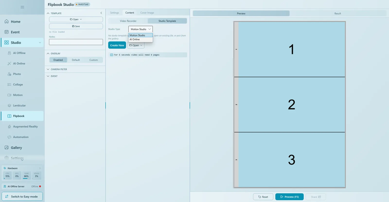 Content tab with Studio Template selected and the Studio Type list showing Motion Studio and AI Online