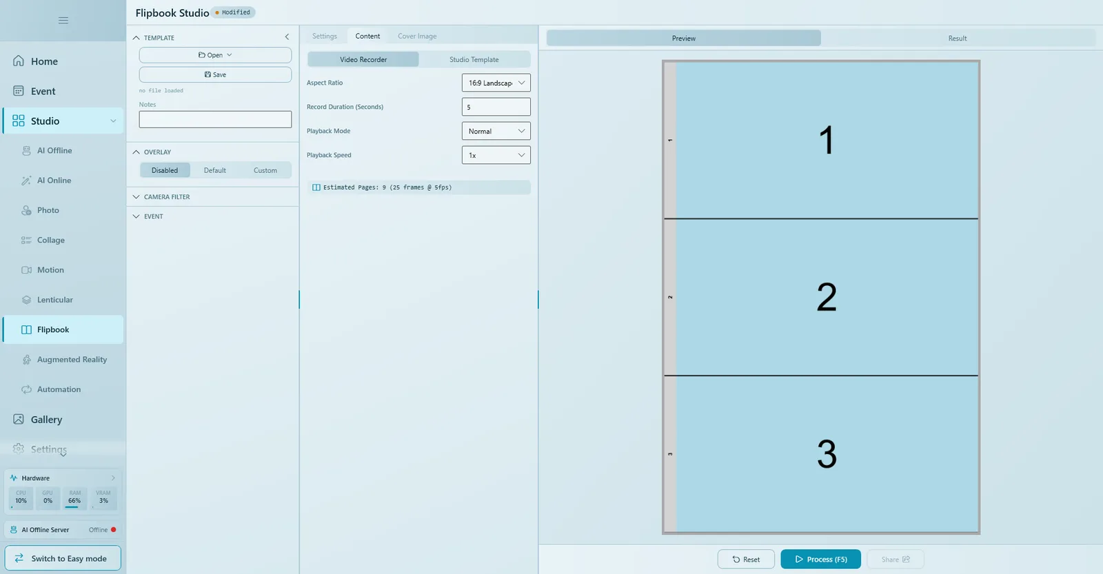 Content tab with Video Recorder selected, 16:9 aspect ratio, 5 second duration and the estimated page count