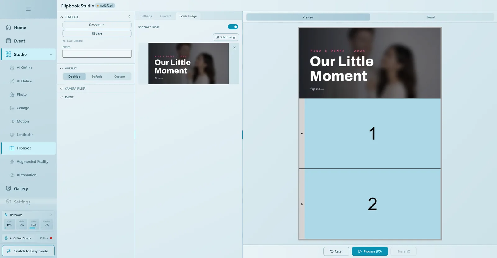 Cover Image tab with Use cover image on and a cover design shown in the first cell of the preview