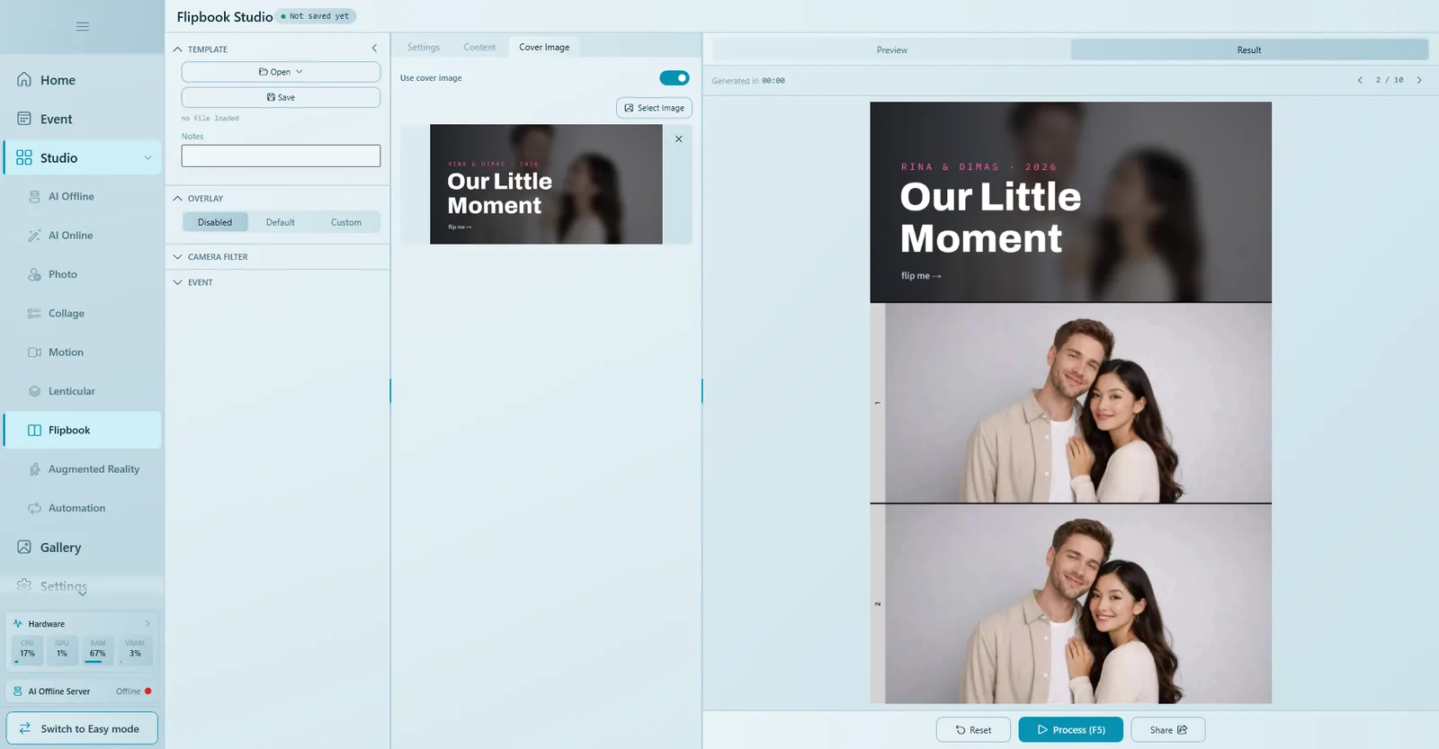 Result view showing page 1 with the cover and the first two frames