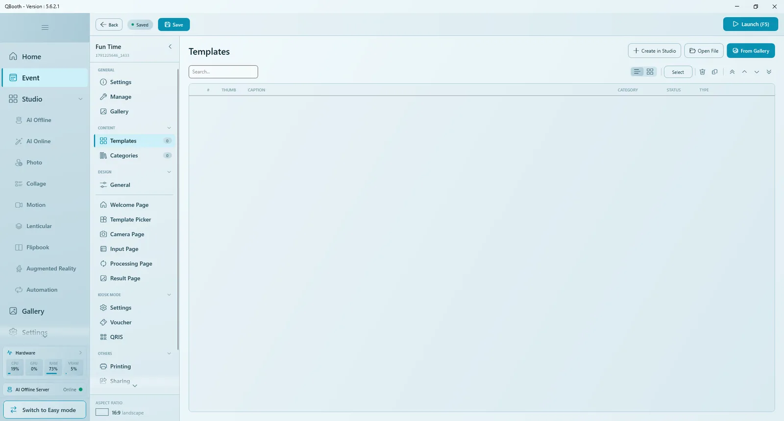 Event Editor with the top action bar (Back, Saved, Save, Launch F5), the section list on the left and the Templates panel with Create in Studio, Open File and From Gallery buttons