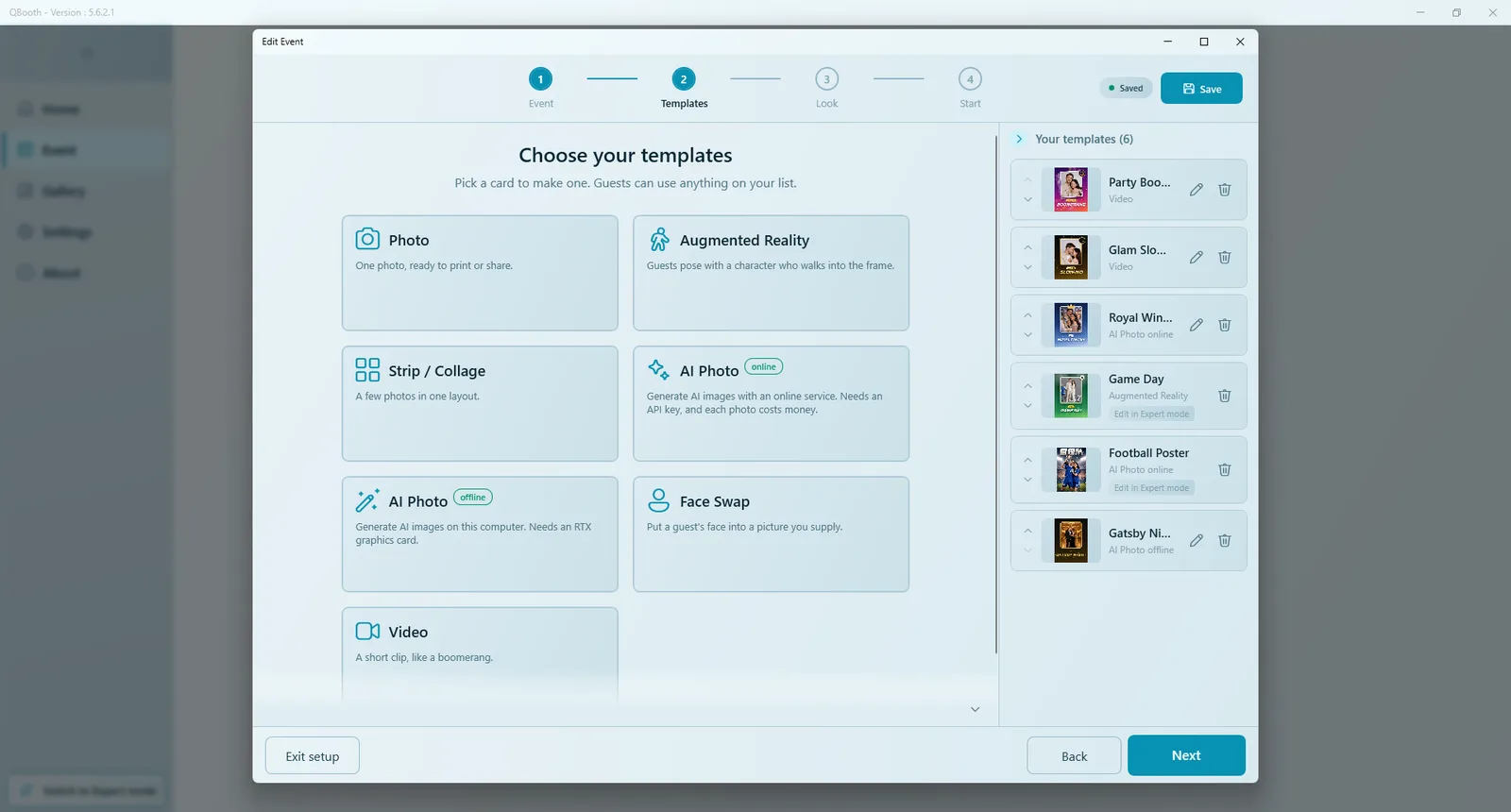 Easy Mode wizard Templates step with template cards and the Your templates list on the right