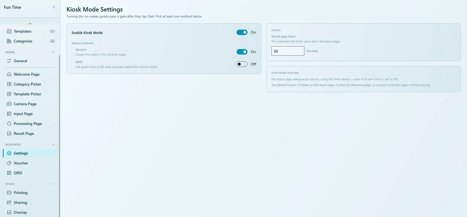 Kiosk Mode Settings with Kiosk Mode and Voucher turned on, QRIS off, and a 60-second result page timer