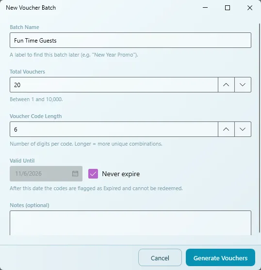 New Voucher Batch window with batch name, total vouchers, code length, valid until and never expire