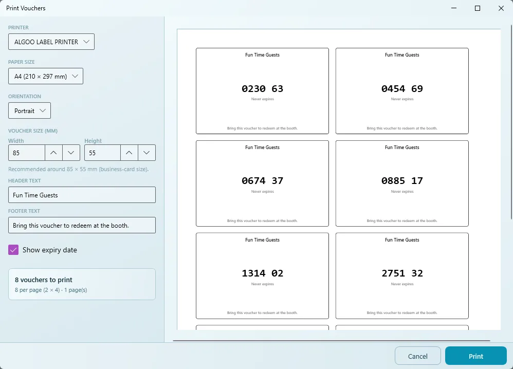 Print Vouchers window with printer, paper size, orientation, voucher size, header and footer text and a preview of the cards