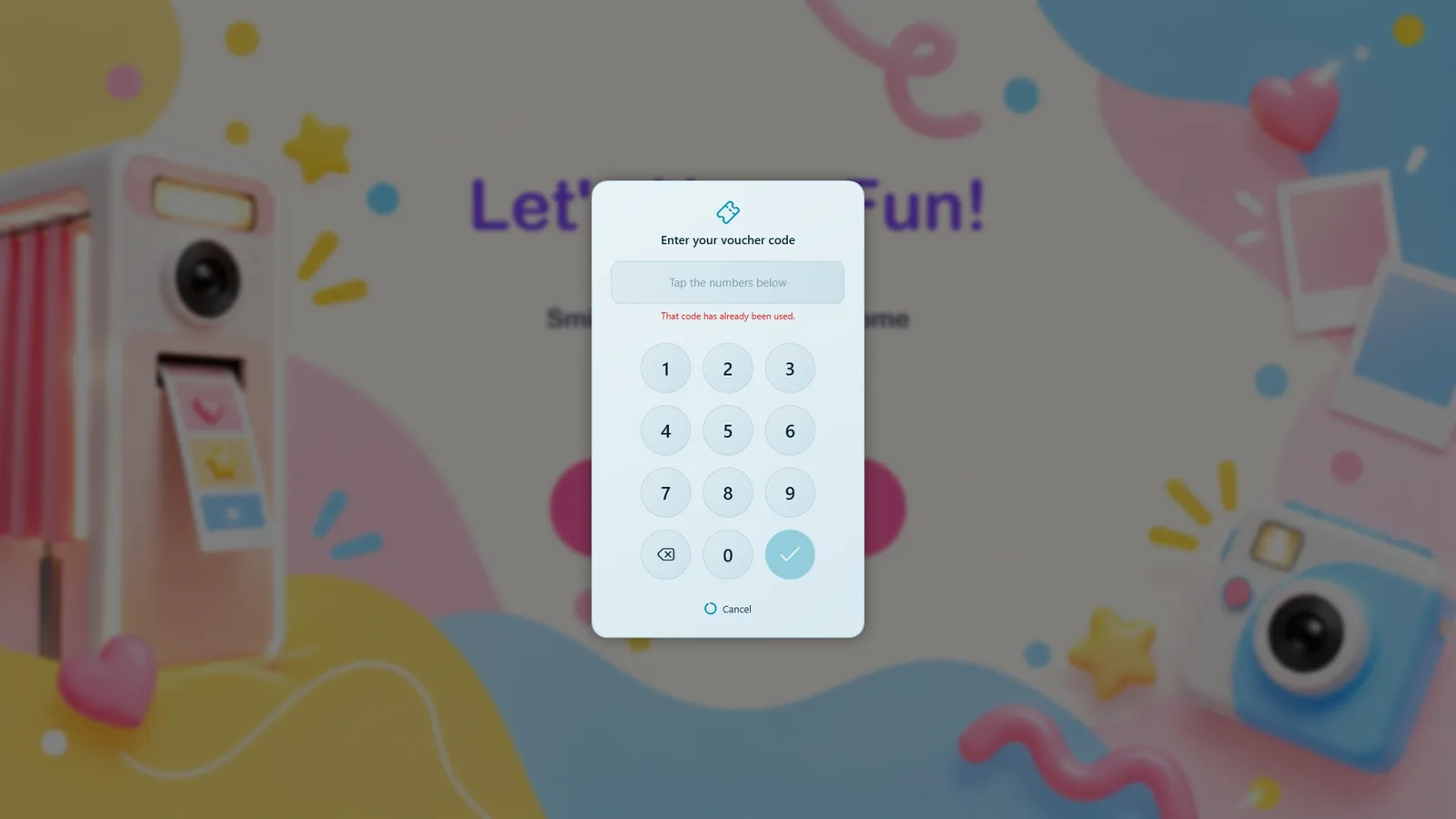 The voucher keypad at the booth showing the message That code has already been used