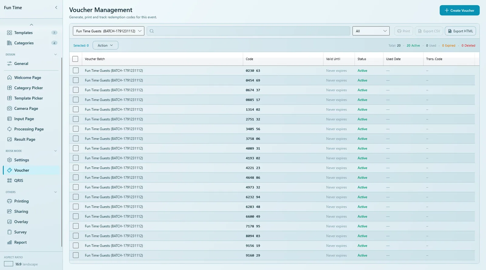 Voucher Management list with 20 active codes of one batch, filters and Print, Export CSV and Export HTML buttons