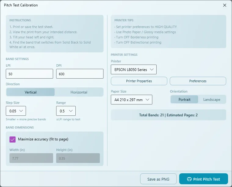 Pitch Test Calibration window with Band Settings on the left and Printer Settings on the right