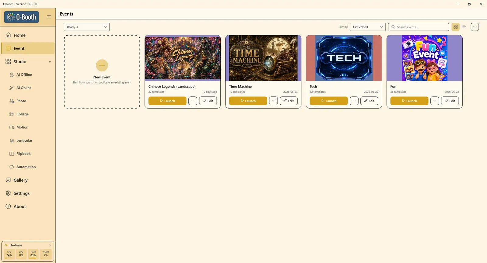 Event list with the New Event card and event cards showing Launch, more actions and Edit buttons