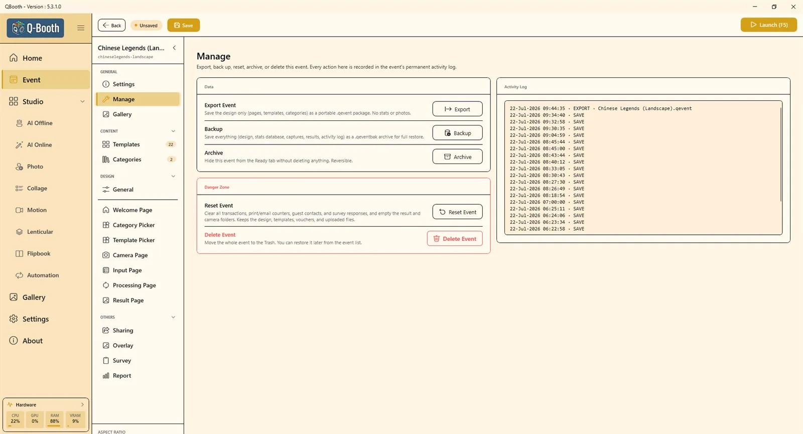 Event Manage page with Export Event, Backup and Archive under Data, Reset Event and Delete Event under Danger Zone, and the Activity Log
