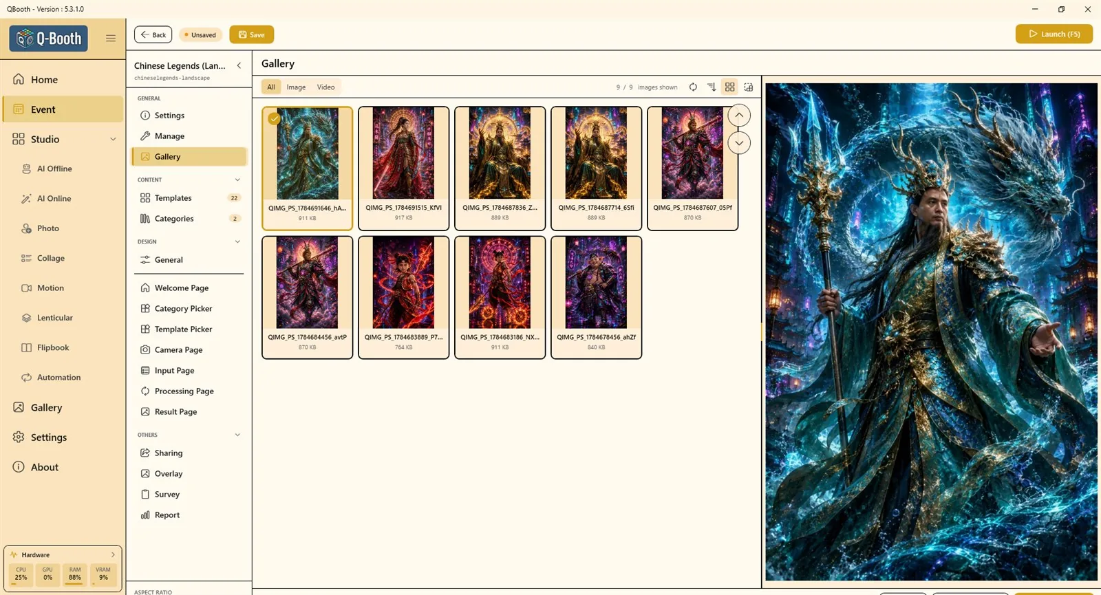 Event editor with GENERAL › Gallery selected, showing nine results of the event and a large preview