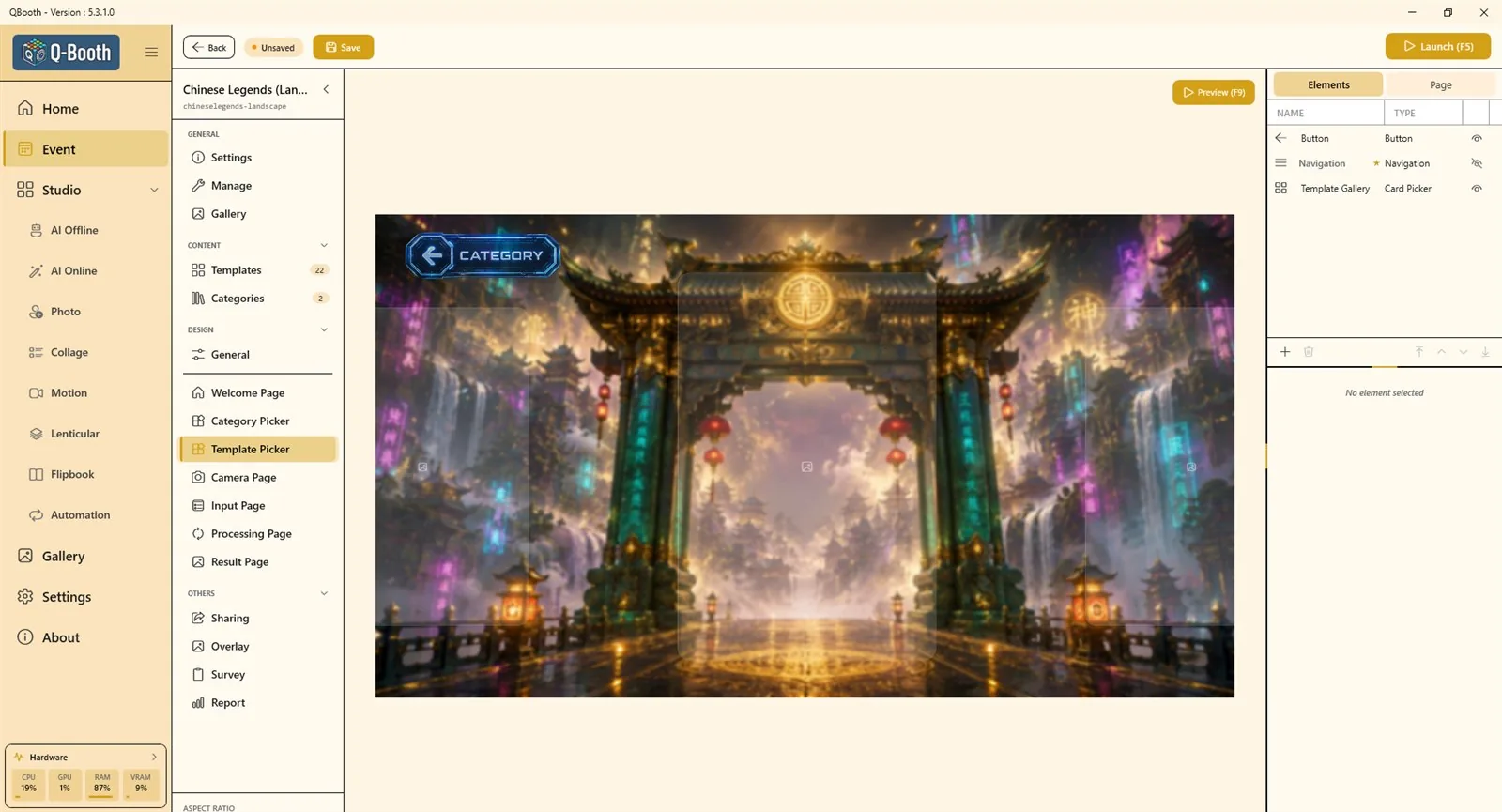 Template Picker page in the designer with a carousel template gallery and a Back button labelled Category