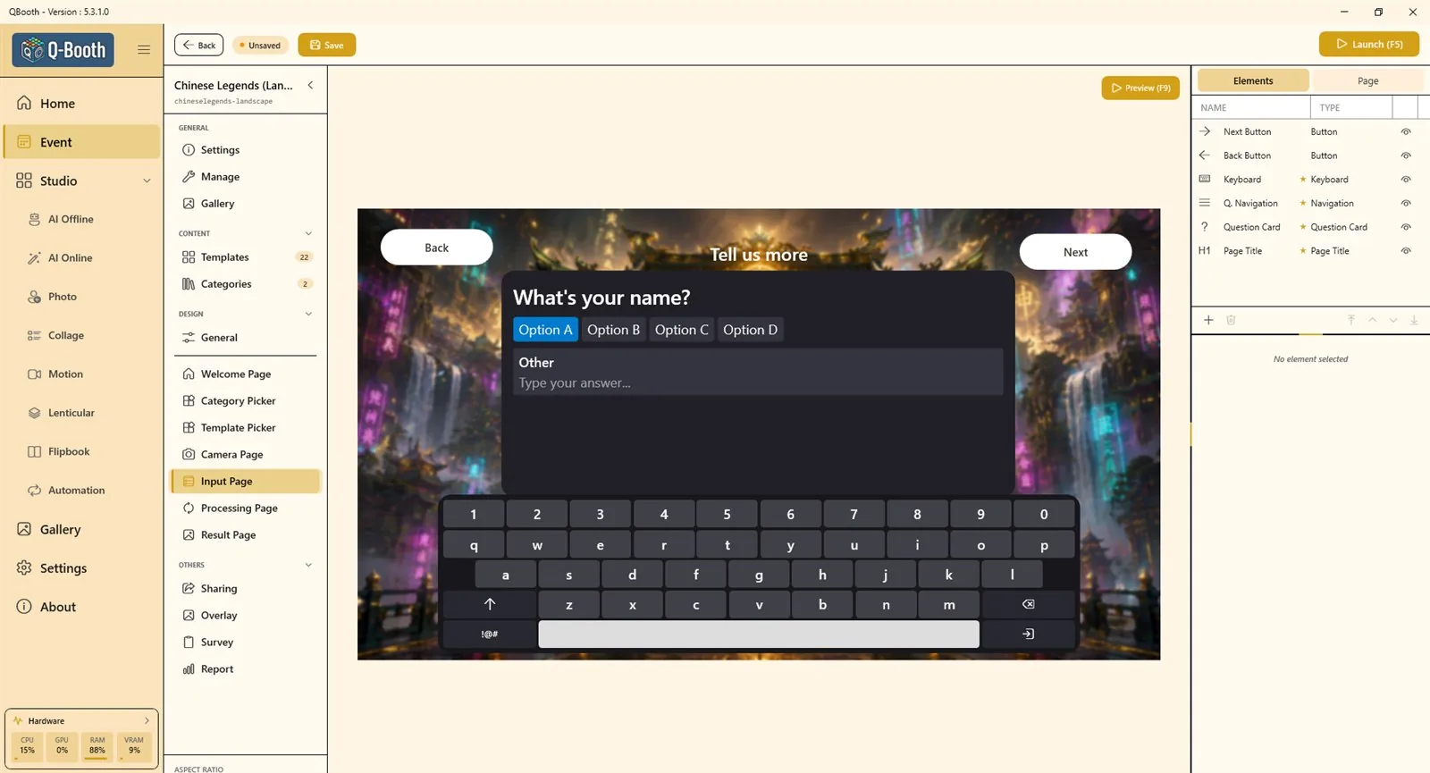 Input Page with a question card, answer options, an on-screen keyboard, Back and Next buttons