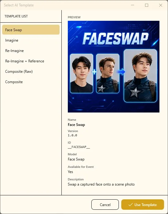 The Select AI Template dialog with the template list on the left and a preview with details on the right
