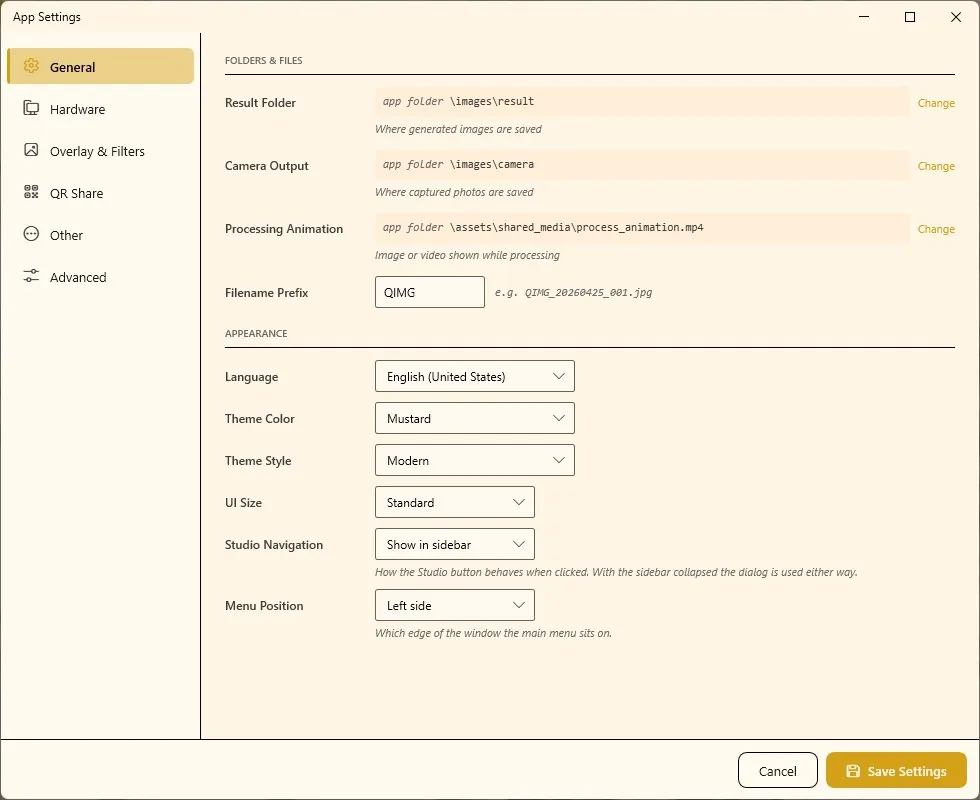 App Settings window on the General section, with Folders & Files and Appearance options and the Save Settings button