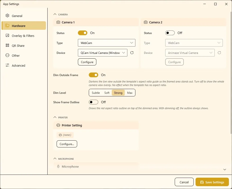 Hardware tab with the Printer Setting card and its Configure button