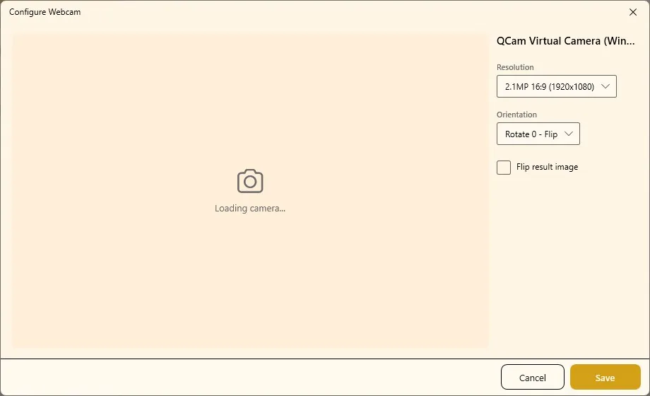 Configure Webcam window with Resolution, Orientation and Flip result image