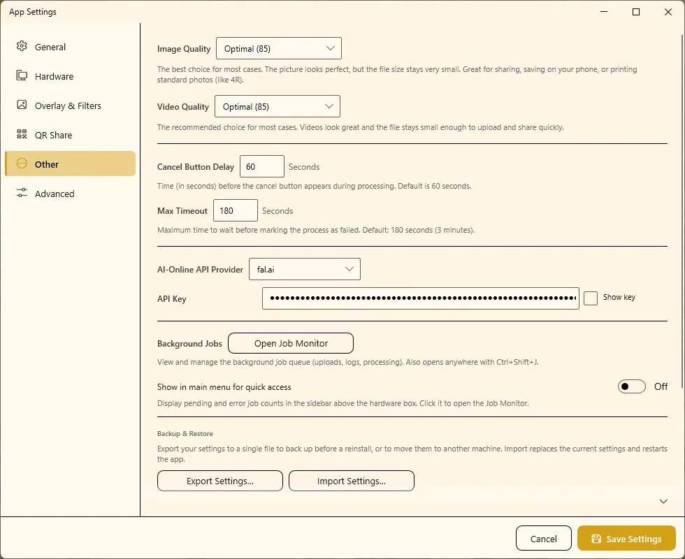 Settings Other tab with Backup and Restore section showing Export Settings and Import Settings buttons