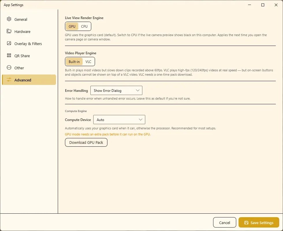 App Settings, Advanced tab with Live View Render Engine, Video Player Engine, Error Handling and Compute Device