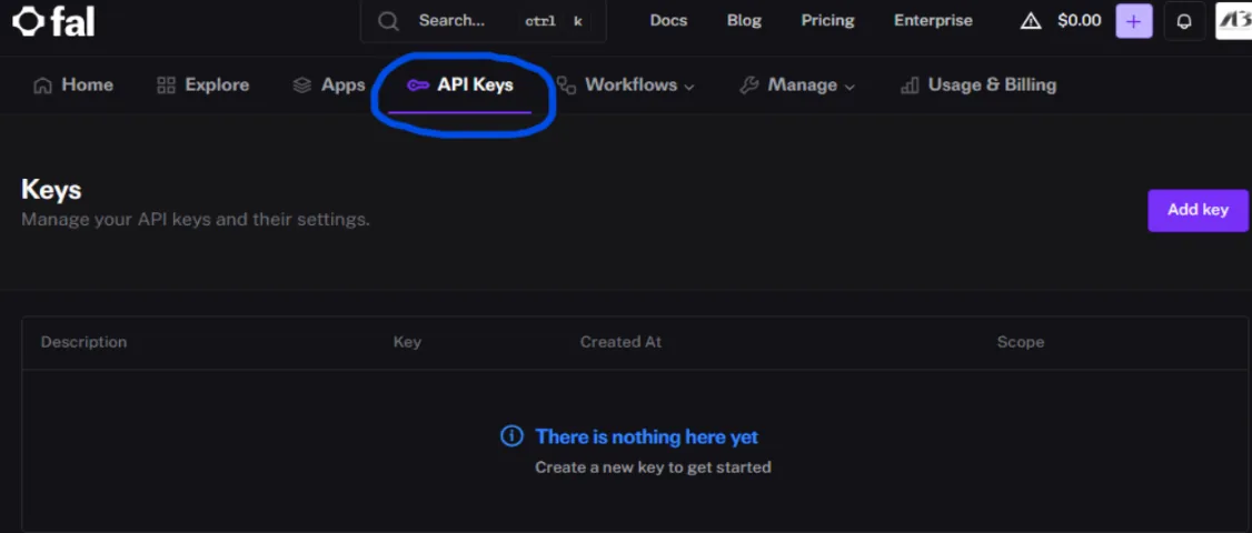 The fal.ai website with the API Keys menu highlighted and the Add key button