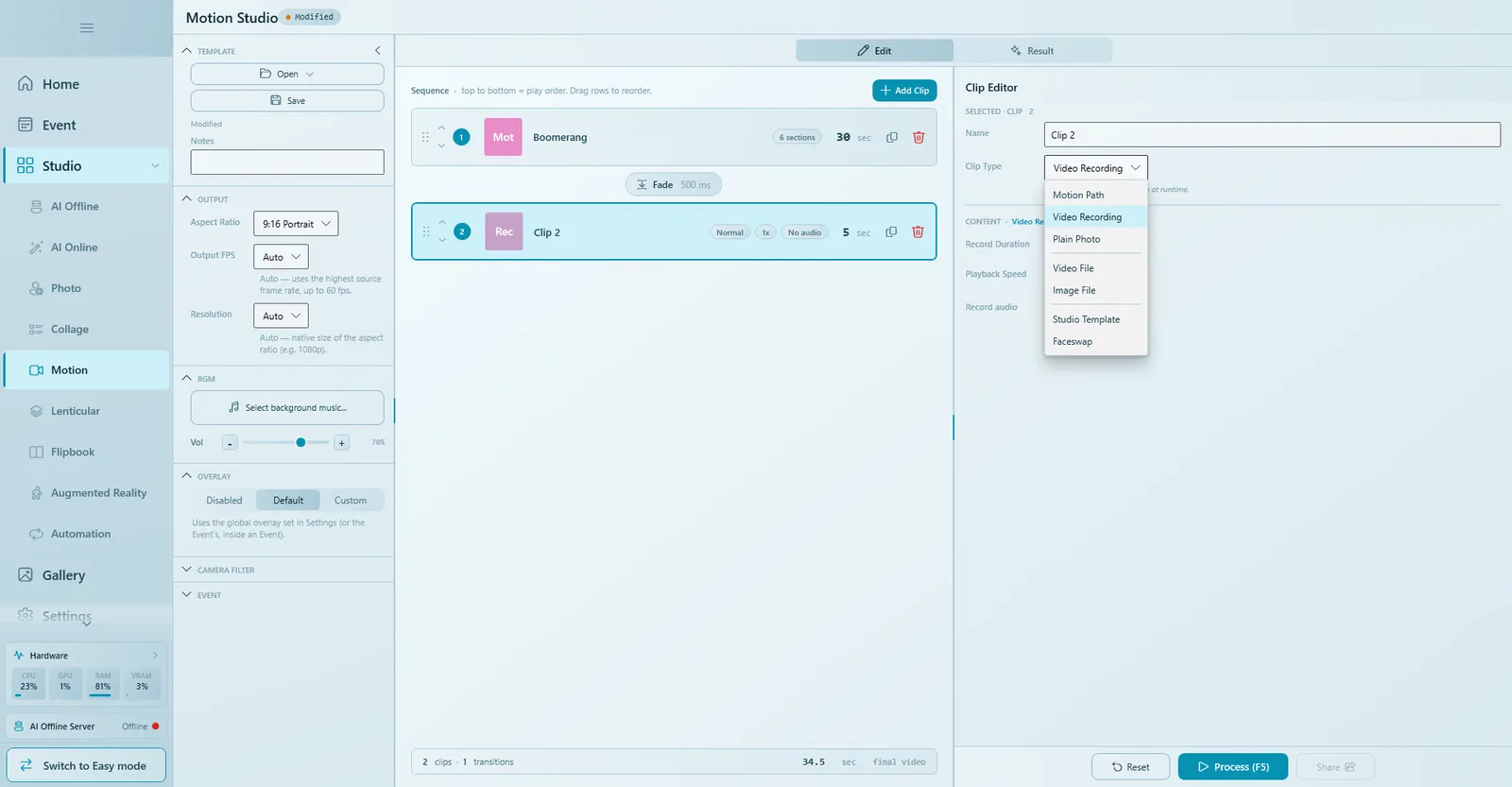 Clip Type list: Motion Path, Video Recording, Plain Photo, Video File, Image File, Studio Template, Faceswap