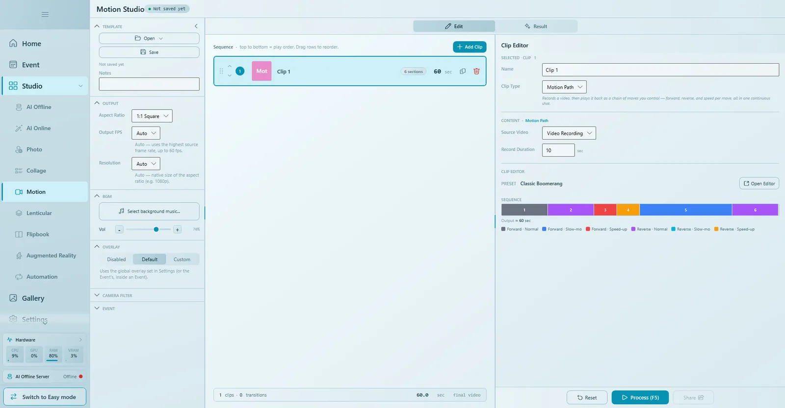 Motion Studio with Output and BGM on the left, the clip sequence in the middle and the Clip Editor on the right