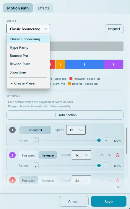 Motion Path Editor preset list with the five presets and Create Preset, and the sections below