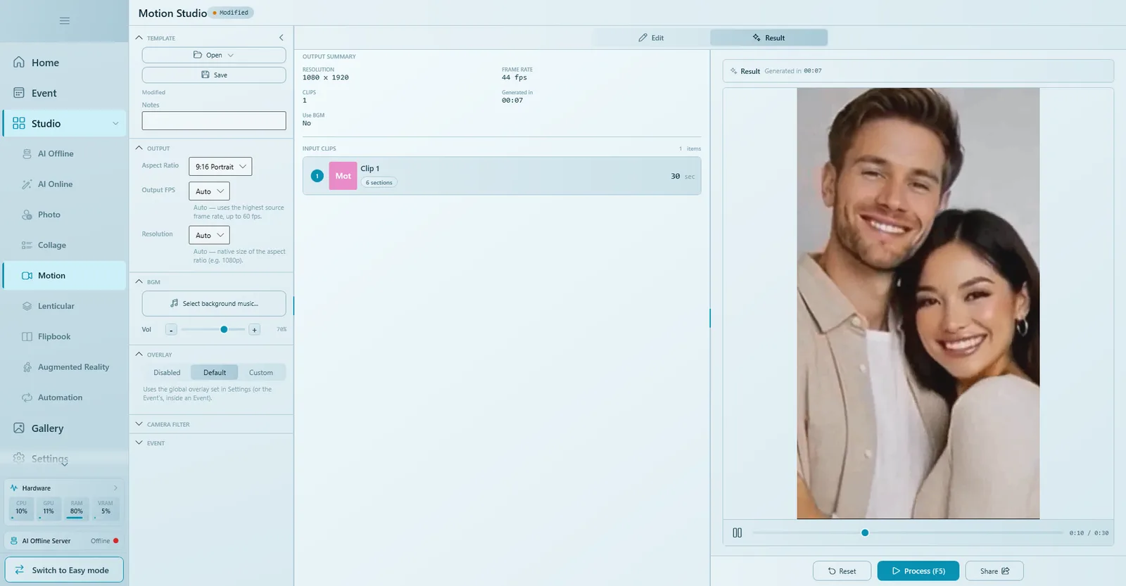 Result tab with the output summary and the finished 9:16 video playing