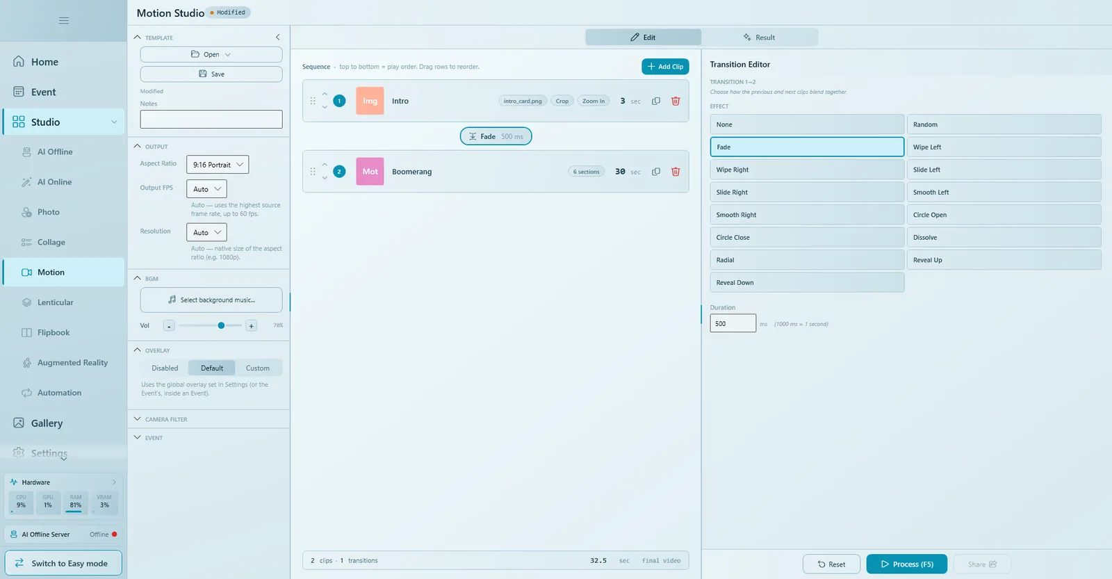 Transition Editor with Fade selected and a duration of 500 ms between an intro image and a boomerang clip