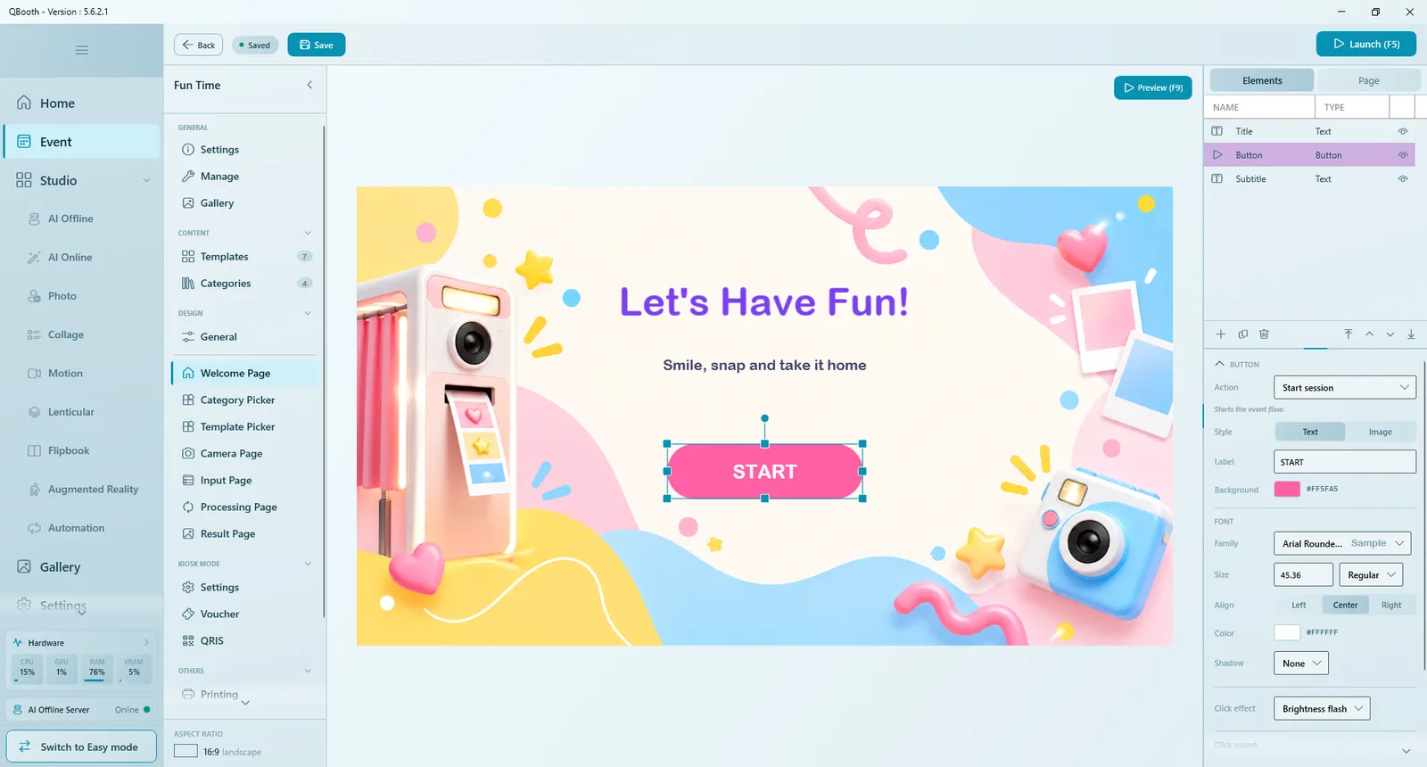 The START button selected on the canvas, with its properties: Action Start session, Style Text or Image, Label, Background, Font and Click effect