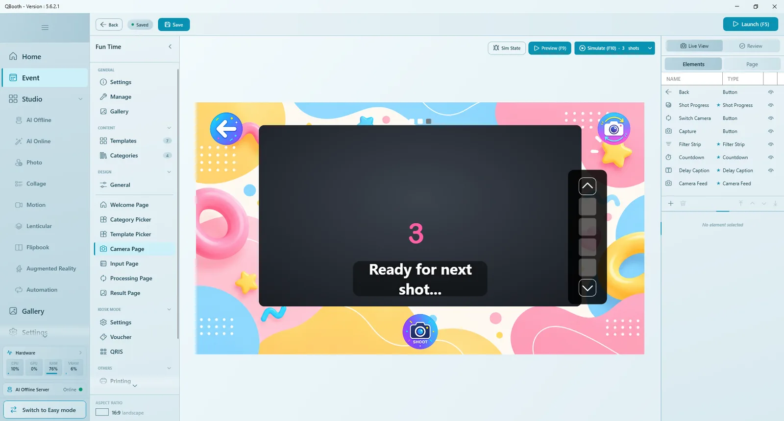 Camera Page in Live View with camera feed, countdown 3, Ready for next shot caption, filter strip, shoot, back and switch camera buttons; Sim State, Preview and Simulate (F10) 3 shots above; element list on the right