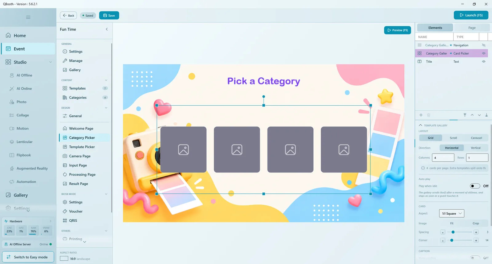 Category Picker with four square category cards selected, and the gallery settings: Layout Grid, Scroll or Carousel, Direction, Columns 4, Rows 1, Auto-play, Card aspect 1:1, Spacing and Corner