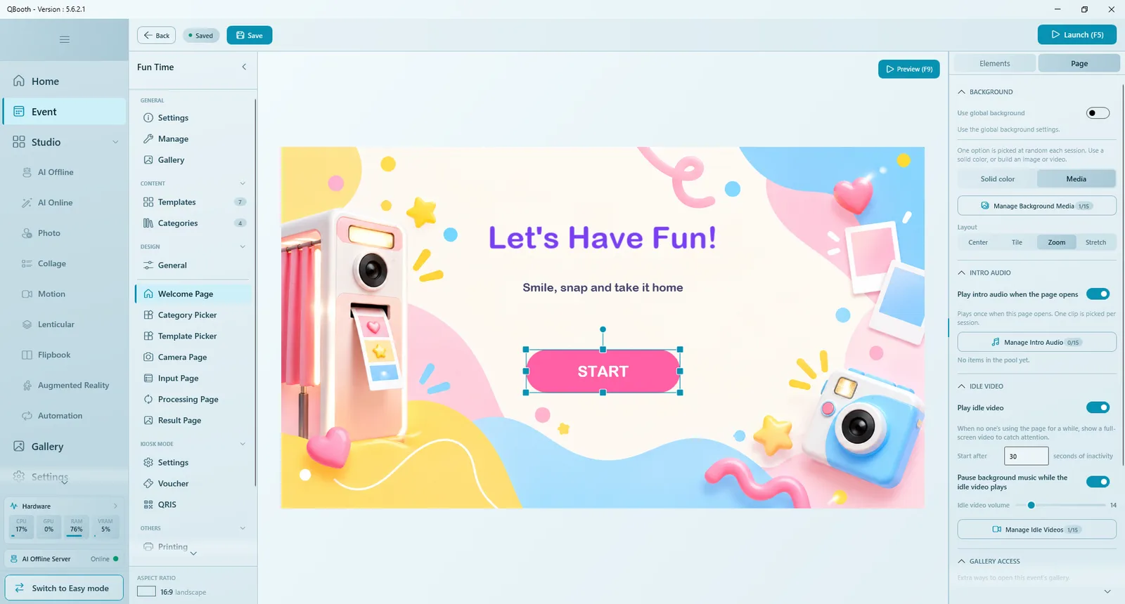 Page tab of the Welcome Page: Background (Use global background, Solid color or Media, Layout), Intro Audio, Idle Video with Start after 30 seconds, and Gallery Access