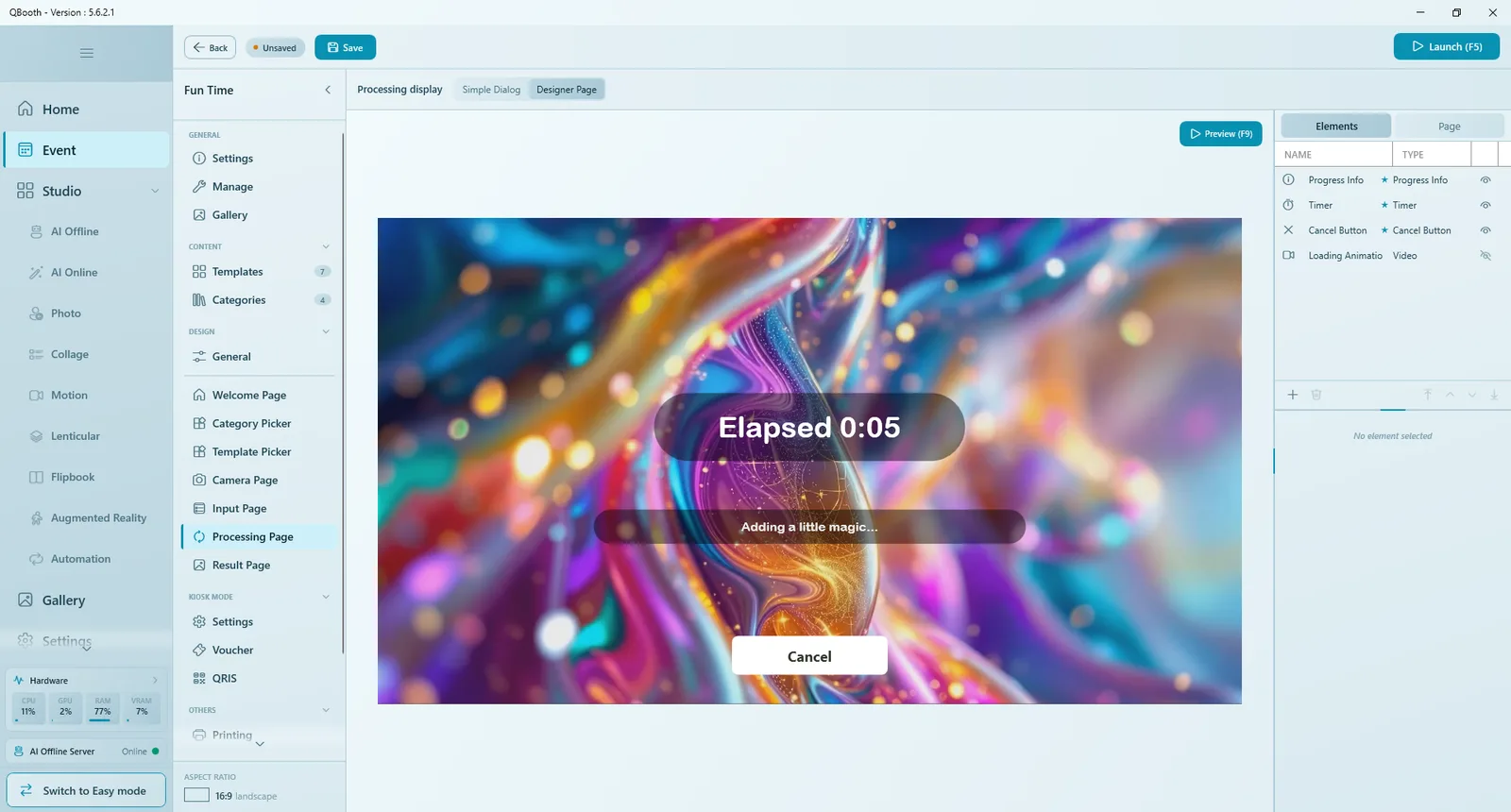 Processing Page in Designer Page mode with a colorful video background, Elapsed 0:05 timer, Adding a little magic message and a Cancel button