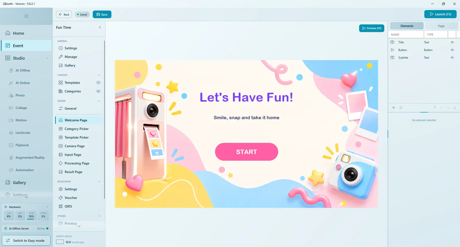 Welcome Page in the designer: the canvas in the middle with a title, subtitle and START button, Preview (F9) above, and the Elements tab on the right
