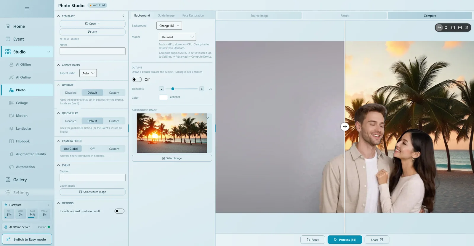 Compare tab with a slider between the original photo and the new beach background