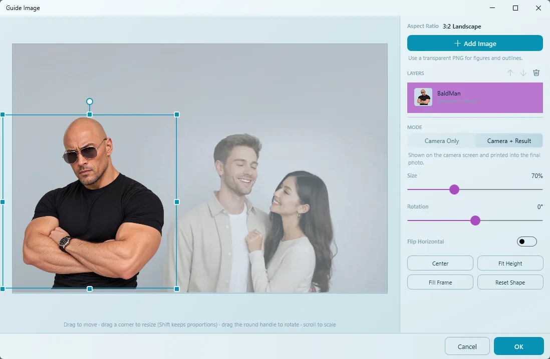Guide Image window with a guest star PNG placed on the left and the mode set to Camera + Result