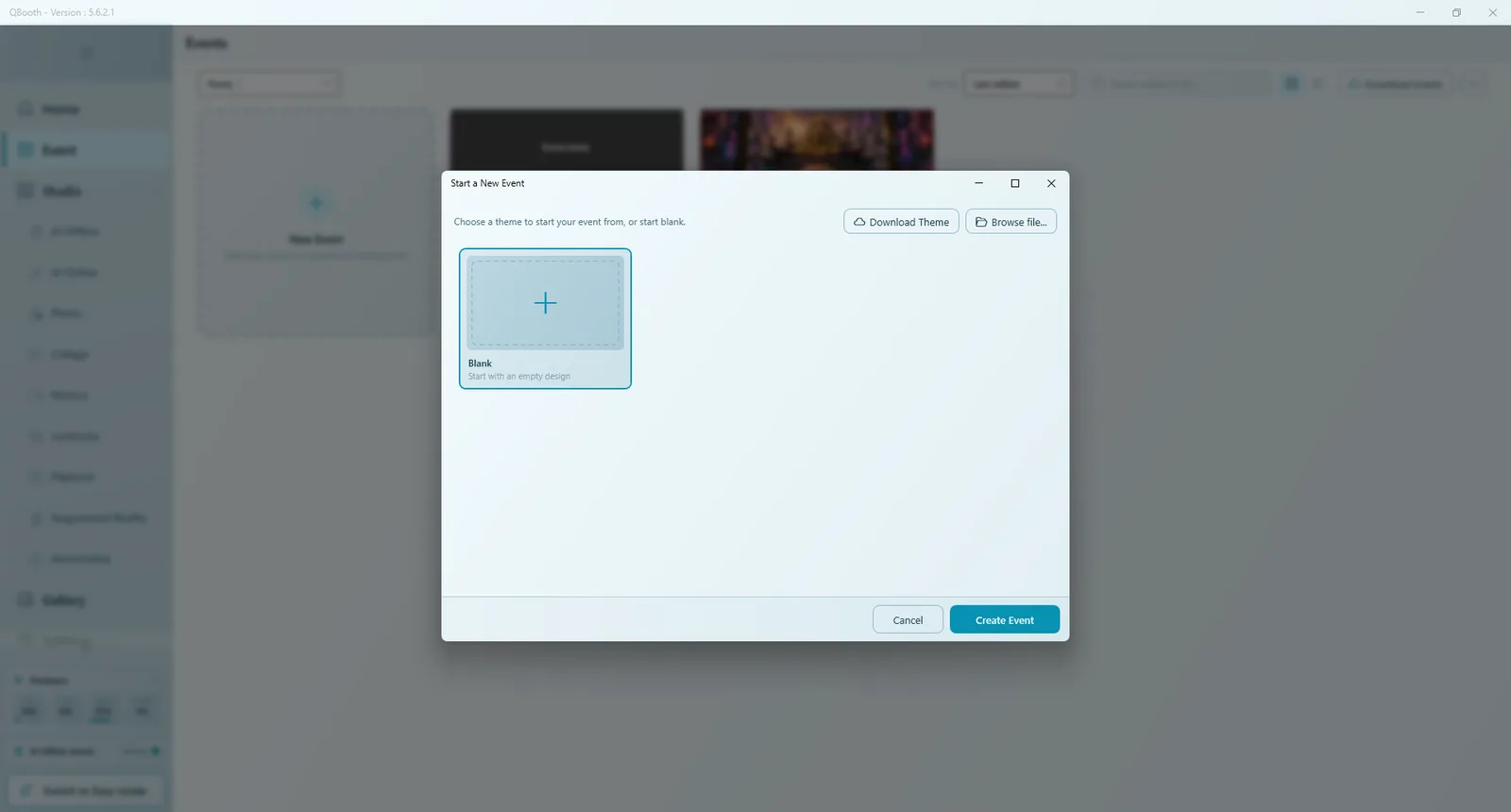 Start a New Event dialog with the Blank card selected and the Create Event button