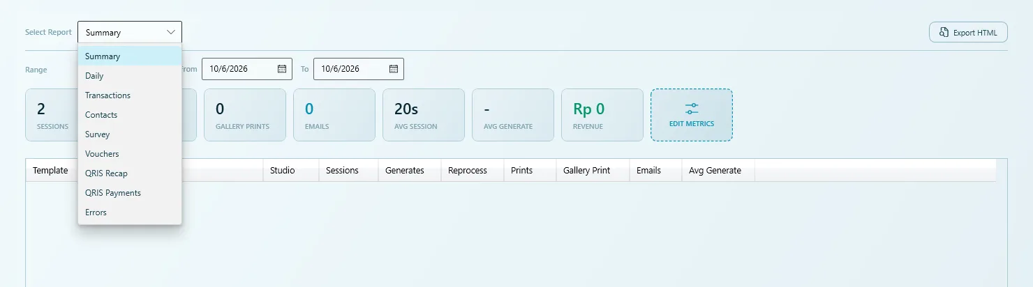 The Select Report list: Summary, Daily, Transactions, Contacts, Survey, Vouchers, QRIS Recap, QRIS Payments, Errors