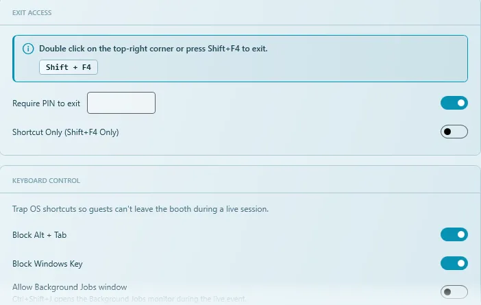 Exit Access and Keyboard Control settings with Require PIN to exit, Shortcut Only, Block Alt + Tab and Block Windows Key