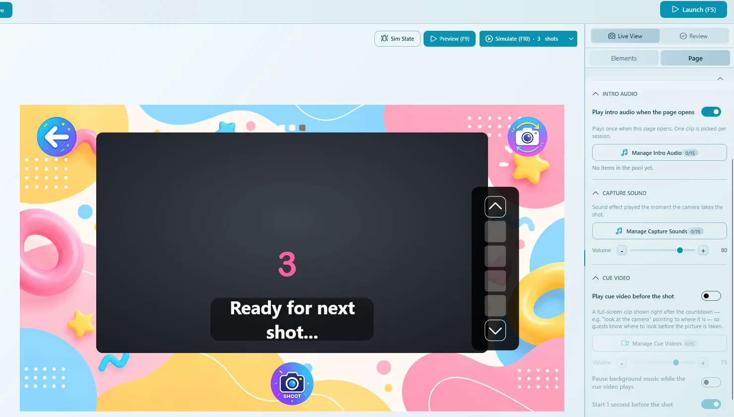 Camera Page designer with the Preview (F9) and Simulate (F10) buttons above the canvas and Launch (F5) at the top right