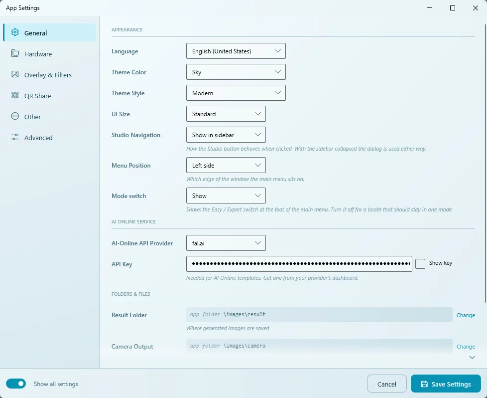 App Settings window on the General tab showing Appearance, AI Online Service and Folders & Files