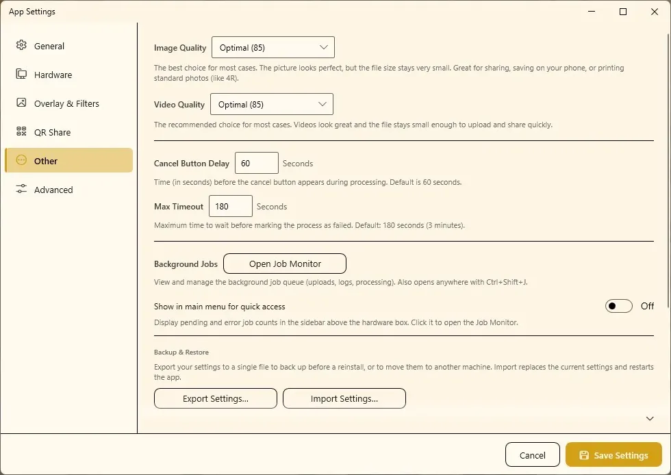 Other tab with Image Quality, Video Quality, Cancel Button Delay, Max Timeout, Background Jobs and Backup & Restore