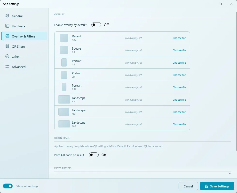 Overlay & Filters tab with Enable overlay by default, eight ratio slots and QR on Result