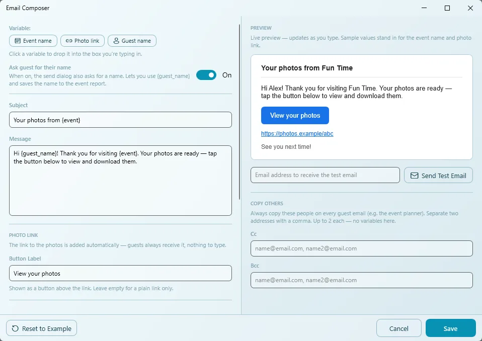 Email Composer window with variables, subject, message, button label, live preview and Cc/Bcc fields