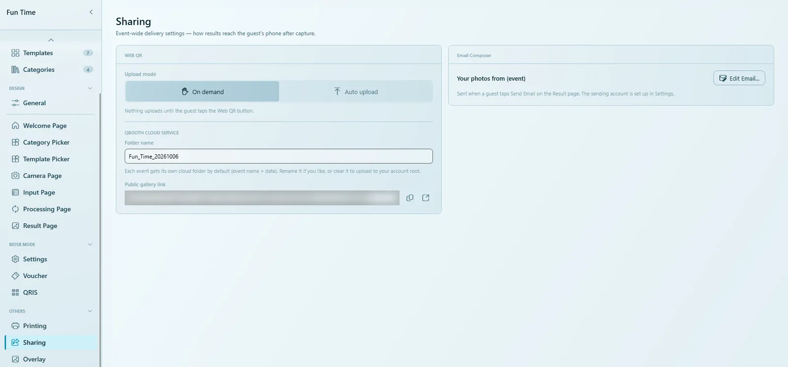 The Sharing page with upload mode, cloud folder name and the Email Composer summary