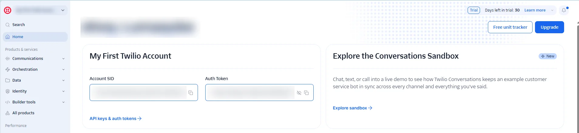 Twilio Console home page with the Account SID and Auth Token boxes and the Upgrade button