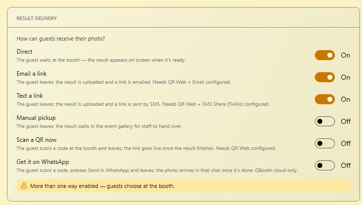 Event editor RESULT DELIVERY section with Text a link turned on