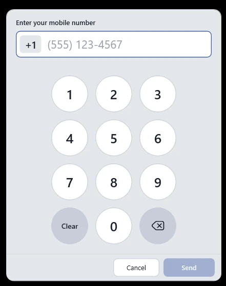 Q-Booth guest number pad with +1 filled in and a Send button