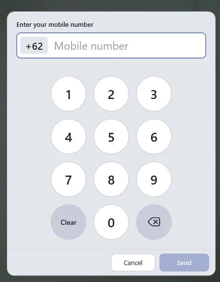 Guest number pad with the country code +62 filled in